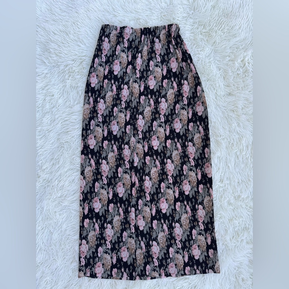 Express Womens Black Pink Rose Floral Print Pleated Pull-On Maxi Skirt Size M